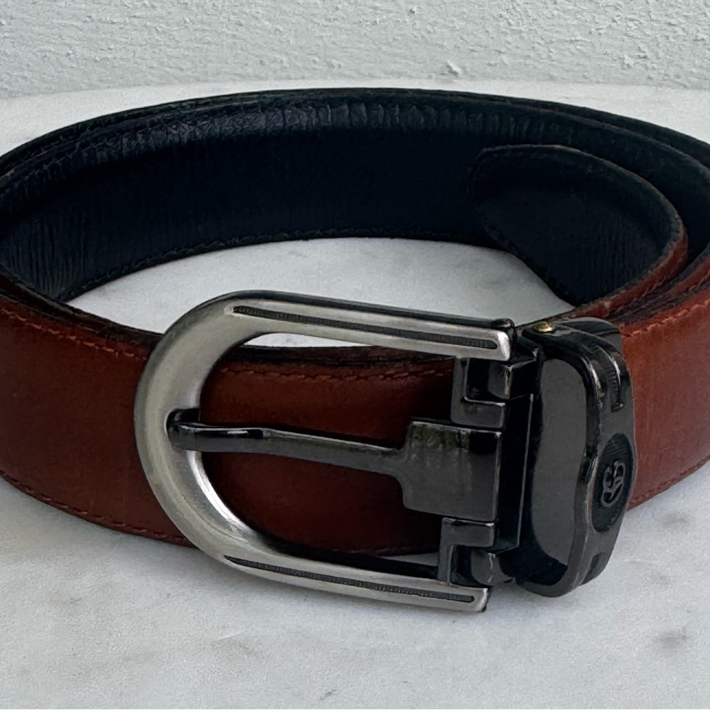 Montblanc Sartorial Reversible Black Brown Leather Belt Horseshoe Buckle 33”